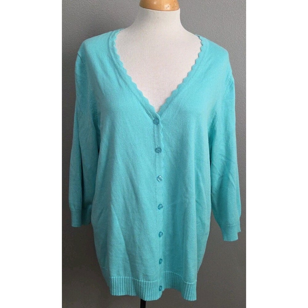 NWT Isaac Mizrahi Live | Size XL | 3/4 Sleeve Aqua Cardigan Sweater Scallop Trim